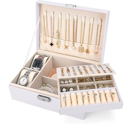 Boîte À Bijoux Pour Femme,Grande Coffret À Bijoux À 2 Couches Avec 2 Coussins Demontre,Cuir Pu Organiseur De Bijoux De Voyage Pour Boucles Doreilles Bagues Colliersmontre,Blanc