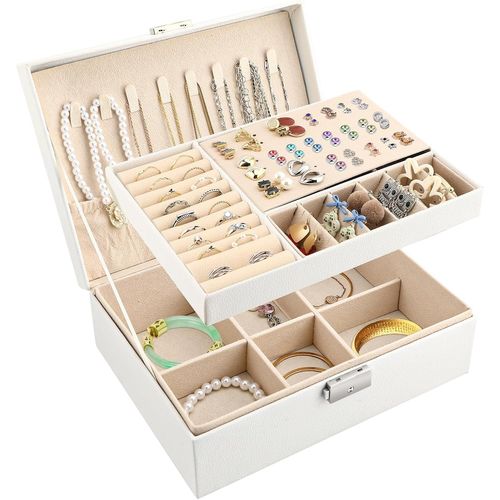 Boite A Bijoux Pour Femme,Boite À Bijoux 2 Couches,Rangement Bijoux Verrouillable Avec Clef,Pour Voyage Avec Serrure Pour Les Bagues Boucles D'Oreilles Bracelets(Blanc)