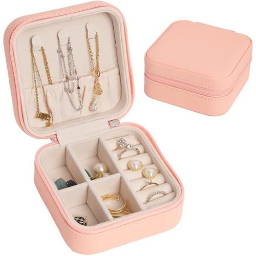 Boîte À Bijoux,Petit Boite A Bijoux Femme,Boite A Bijoux De Voyage,Coffret À Bijoux En Cuir Pu Pour Bagues,Boucles,D'Oreilles,Colliers,Bracelets(Rose)