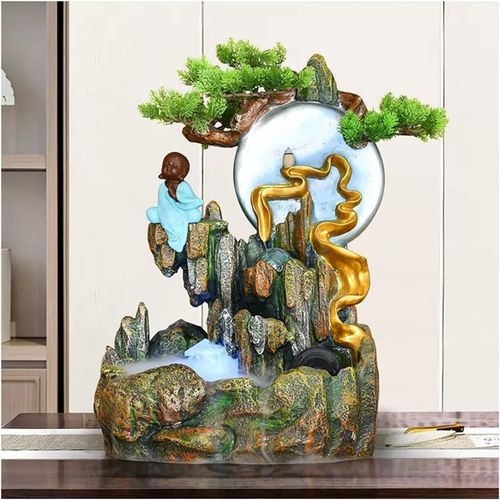 Fontaine D Intérieur Fontaine D'Eau De Table,Cascade Intérieure Avec Brumisateur Et Arbres Artificiels En Résine,Petites Statues De Bouddha,Sculptures De Lune For La Décoration De Lamaison Et Du B