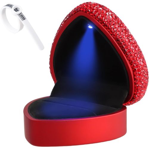 Boîte Bague Avec Lumière Led,Boîte À Bague En Strass,Ecrin Bague Demariage,Boîte À Bijoux En Velours Avec Eu Anneau Sizer,Coffret Cadeau À Bague Pourmariage Fianailles Cérémonie(Rouge)