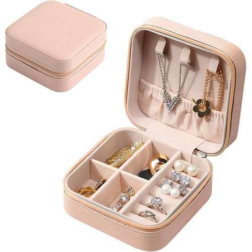 Boite A Bijoux,Boîte À Bijoux Pour Femme,Petite Organisateur De Bijoux De Voyage En Cuir Pu,Organisateur De Boîte À Bijoux Portable,Coffret À Bijoux Pour Bagues/Colliers/Bracelets,Rose Foncé