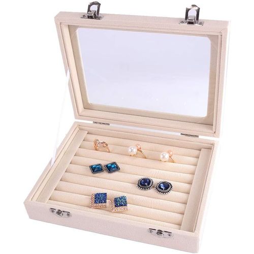Boîte De Rangement Pour Bagues,Bijoux,7 Emplacements En Velours Avec Couvercle Transparent Pour Boucles D'oreilles,Plateau À Bijoux Pour Boutons Demanchette