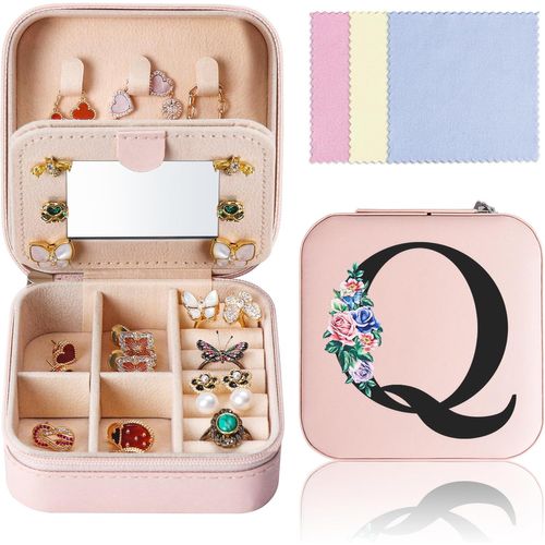 Boîte À Bijoux Voyage Avecmiroir,Petite Organisateur De Bijoux Avec Initiales Et Fleurs,Coffret À Bijoux Cuir Pu Rangement Bijoux Pour Femmes Filles Cadeau Personnalisé