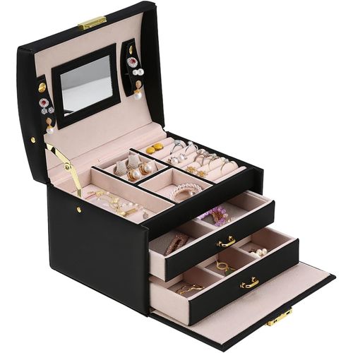 Boîte À Bijoux Avec 2 Tiroirs,3 Niveaux Coffret À Bijoux Àmontre Àmaquillage Cuir Pu Avec Serrure Et Clé Pour Bagues Bracelets Boucles D'Oreilles Colliers Doublure En Velours