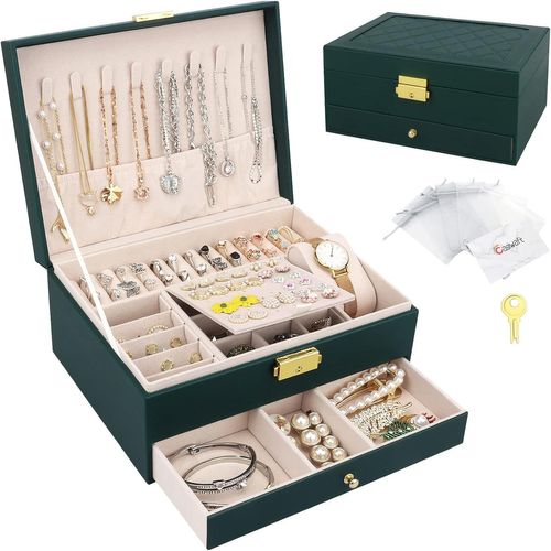 Boîte À Bijoux,Organisateur De Bijoux Avec Tiroir,Boîte De Rangement De Bijoux En Cuir À 2 Couches Avec Serrure,Coffret À Bijoux Pour Collier,D'Oreille,Bracelet,Vert Foncé