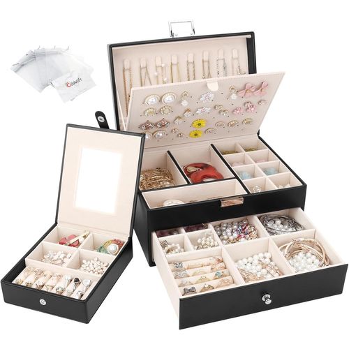Boîte À Bijoux En Cuir Avec Tiroir,Coffret À Bijoux 2 Couches Grande Capacité Avec Boîte De Voyage Portable,Rangement Bijoux Pour Bagues,Colliers,Bracelets,Noir