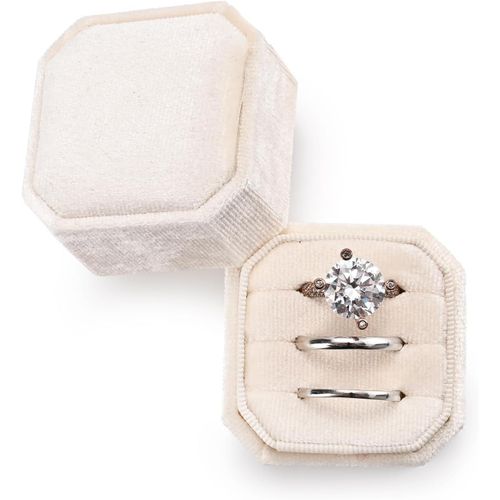 Velours 3 Slots Octogonal Boîte À Bagues 3 Boîte À Bagues Pour Proposition De Fiançaillesmariage Saint-Valentin(Beige)