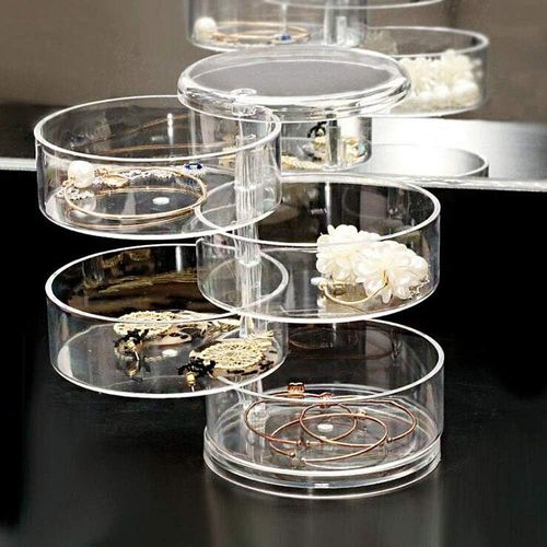 Organisateur De Bijoux Boîte 4 Couches Acrylique Transparent 360 ° Rotation Cosmétique Titulaire Spin Storage Pour Collier Bracelet Anneau Boucle D'oreille Petits Articles Conteneur Cas