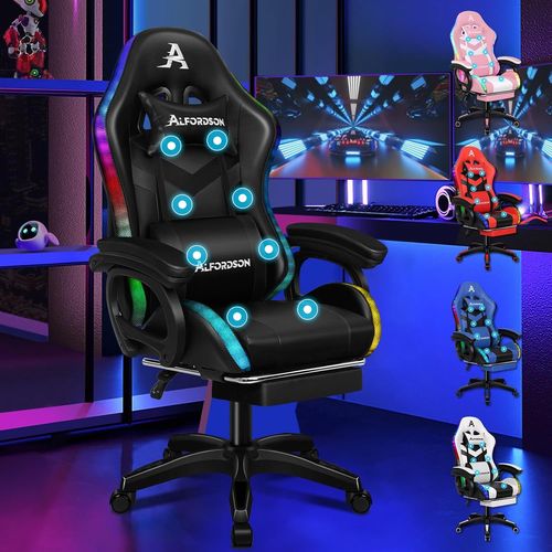 Led Chaise Gaming,Siege Gaming Avecmassage 8 Points,Fauteuil De Gaming Pivotant Ergonomique Avec Éclairage Rvb Avec Support Lombaire Et Appui-Tête,Hauteur Réglable,Bleu