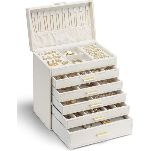 Grande Boîte À Bijouxmoderne À 6 Niveaux- Boîte À Bijoux Spacieuse Pour Femme- Pour Boucles D'oreilles,Bagues,Bijoux- Avec Tiroirs,Miroir,Coussin Demontre- Cadeau Pour Femme
