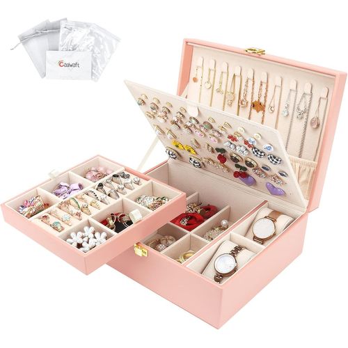 Boîte À Bijoux En Cuir,Coffret À Bijoux 2 Couches Grande Capacité Avec Oreiller Demontre,Rangement Bijoux Avec Plateau Amovible Pour Bagues,Boucles D'Oreilles,Colliers,Bracelets,Rose