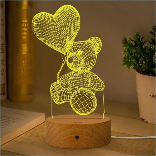 Ours Veilleuse 3d Illusion Lampe Cadeaux Pour Femme,7 Changement De Couleurs Veilleuse Illusion Cadeau Saint-Valentin Pour Épouse Copine Et Les Amoureux,Cadeau D'anniversaire Pour Enfants