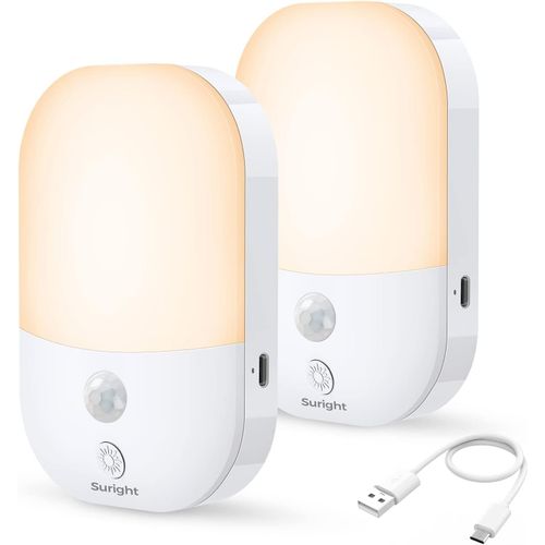 Veilleuse Type-C Rechargeable,2 Pack Veilleuse Avec Détecteur De Mouvement Et 5 Niveaux Luminosités 3 Modes(Auto/Off/On),Veilleuse Enfant Pour Chambre,Escalier,Couloir,2800k Blanc Chaud