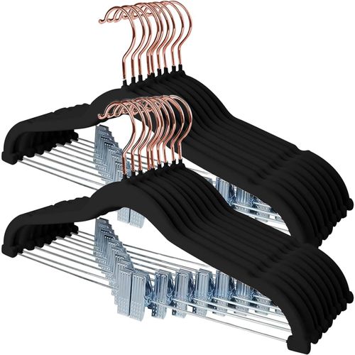 Lot De 24 Cintres Pour Pantalons,Cintres Robustes Pour Shorts,Pantalons,Jupes,Robes,Vestes,Manteaux Noir-Crochet En Or Rose