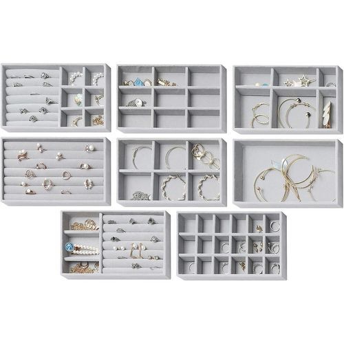 Lot De 8 Plateaux À Bijoux- Organisateur De Bijoux Pour Tiroir- Rangement Pour Boucles D'oreilles,Bagues,Bracelets,Colliers- Gris