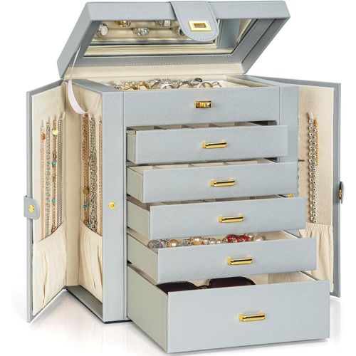 Grande Boîte À Bijoux Fonctionnelle Verrouillable Avec Grandmiroir,Étui De Rangement En Cuir Pour Femmes Et Filles Pour Bagues,Colliers,Boucles D'oreilles,Bracelets- Gris
