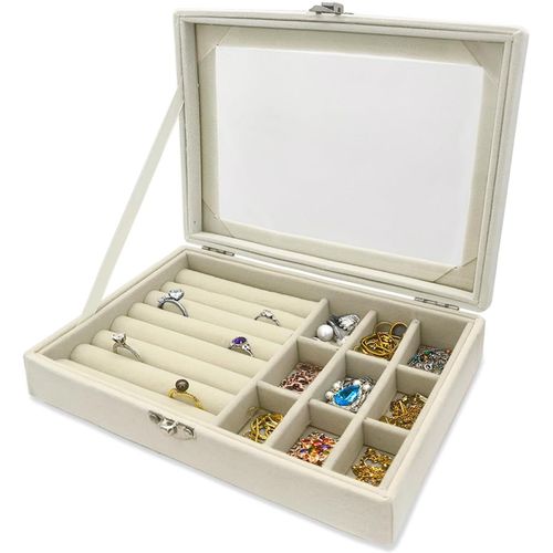 Velours Boite A Bijoux Pour Femme Avec Couvercle En Verre Transparent,Rangement Bijoux Presentoir 9 Emplacements Pour Anneaux Coffret Bijoux Femme Boîte De Rangement Pour Bijoux