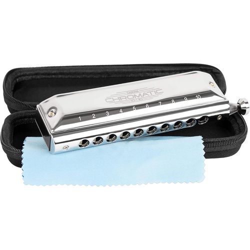 Harmonica Chromatique 10-40- 10 Trous Avec 40 Tons- Boîtier En Acier Inoxydable Robuste- Parfait Pour Les Débutants Et Les Professionnels- Avec Étui Souple Et Chiffon De Nettoyage