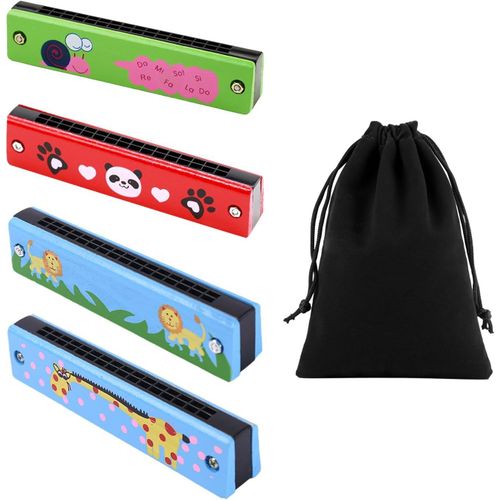 Harmonica Àmotif De Dessin Animé 4 Pièces Et Sac En Velours 1 Pièce,Harmonicamignon Pour Enfants,Instrument Demusique D'éveil Pour Enfants,Jouet Créatif Pour Enfants