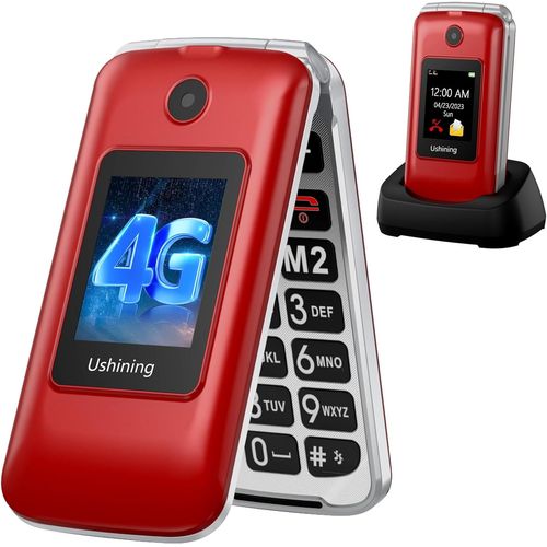 4G Telephone Portable Senior Clapet Basique Sans Forfait,Telephone Pour Personne Agée Avec 2.8¿ Grandes Écran,Grosse Touche,Bouton Sos,Station De Charge,Lampe Torche,Radio Fm,1200Mah Batterie(Rouge)
