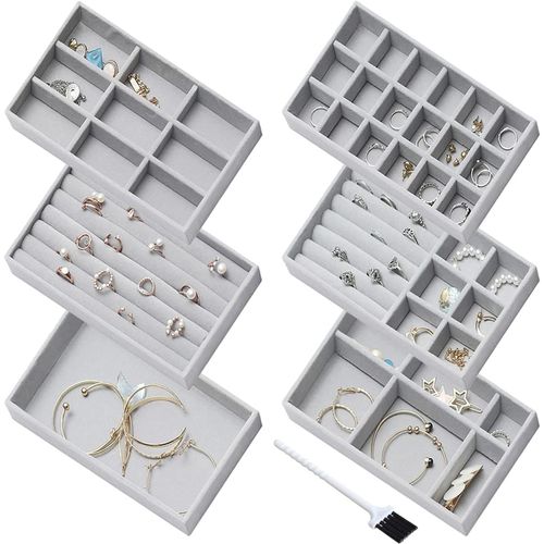 Lot De 6 Plateaux À Bijoux En Velours Empilables- Organisateur De Rangement Pour Bagues,Boucles D'oreilles,Colliers- Plateau À Bijoux Pour Tiroir- Gris