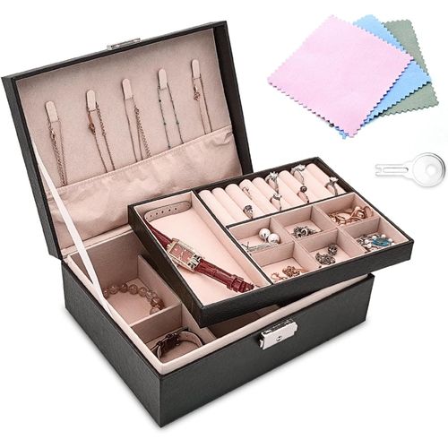 Boite A Bijoux Pour Femme,2 Couches Rangement Bijoux Verrouillable Coffret Bijoux Femme Avec Clé Et 3 Pièces Tissu Argenté,Presentoir Bijoux En Cuir Boîte De Rangement Pour Bijoux