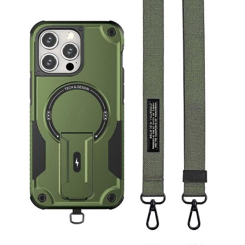 Pour Iphone 16 Pro Max Coque Compatible Avec Magsafe Tpu + Pc Béquille Housse De Téléphone Avec Sangle - Army Gr