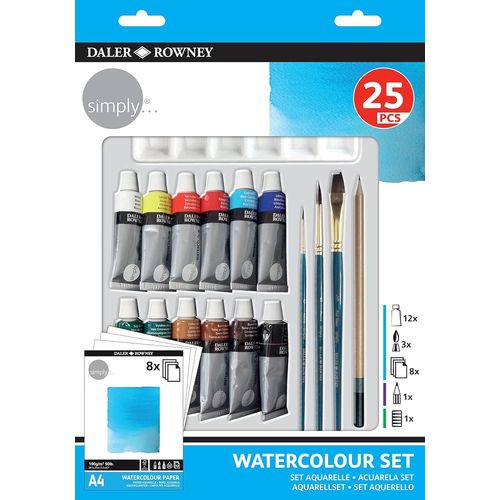 Daler-Rowney Simply- Set Aquarelle 12 Tubes De Peinture 12ml+Accessoires- 25 Pièces