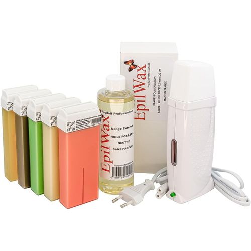 - Kit Chauffe Cire Épilation Professionnelle Avec 5 X Recharges Roll On Cire Chocolat/Vanille/Rose/Miel/Alèo Vera, 100 X Bandes D'épilation Et Huile Après Épilation - Gamme Royal Multi