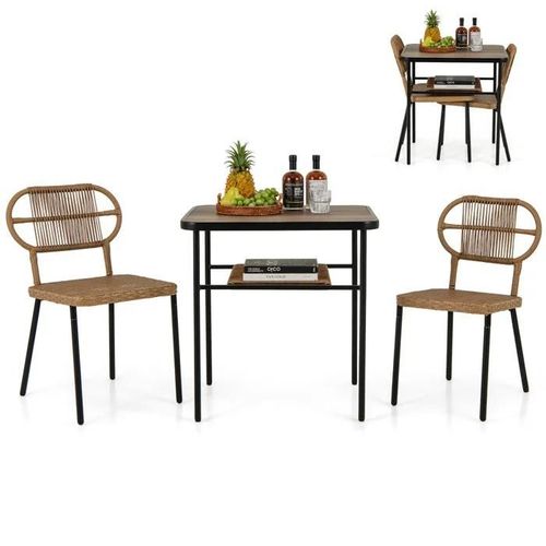 Costway Ensemble 3 Pcs Table De Jardin Et 2 Chaises En Rotin, Chaises Empilables De Différentes Tailles, Pour Intérieur Extérieur