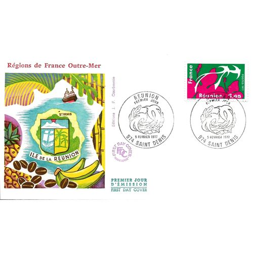 France 1977, Très Belle Enveloppe 1er Jour, Timbre Yvert 1914, Régions De France Outre-Mer, La Réunion, Cachet De Saint-Denis, État Neuf.