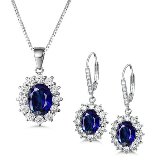 Parure De Bijoux Mariage Boucles D'oreilles Pendantes Collier En Argent 925 Avec Saphir,Bijoux Princess De Diana,Cadeau Bijoux Pour Anniversaire Fetes Des Meres Noel