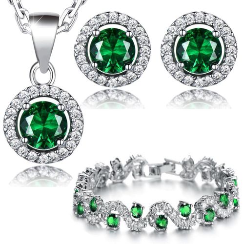 Femme Ensemble Collier Clous Boucles D'oreilles Et Bracelet 18ct Plaqué Or Blanc Avec Cristaux En Zircone