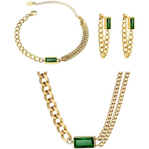 Bijoux Pour Femmes Chaine Or Bracelet Boucles D'oreilles Collier 3 Pièces Zircone Verte Ensemble De Bijoux Parure Femme Accessoires Bijoux Femme Fine