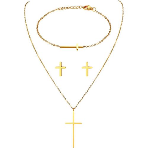 3 Parures Simple Unique Pour Femme Fille,Bracelet Collier Boucles D'oreilles Pendante Croix Arbre De Vie Serrure Acier Inox Poli Couleur Argent Doré Fantaisie Cadeaux Noël Saint-Valentin
