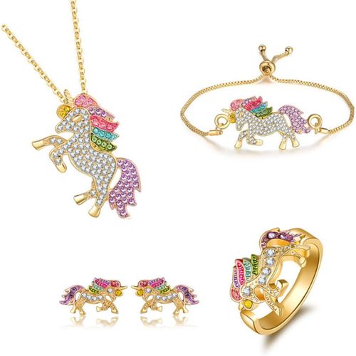 Parure De Bijoux Or Argent Licorne Pour Enfants Femme Collier Bracelet Bague Boucles D'oreilles Set Avec Cristal Ensemble De Bijoux Princesse Pour Habiller Jeu Femmes Fille
