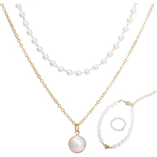 Parure Perle Vintage,Bracelet Perle Or Avec Pendentif Coeur,Collier Perle Superposé,Bague Enveloppée De Perle,Chaîne Cubaine Plaquée Or 14k,Cadeau D'anniversaire Pour Femme Et Fille (3 Pcs)