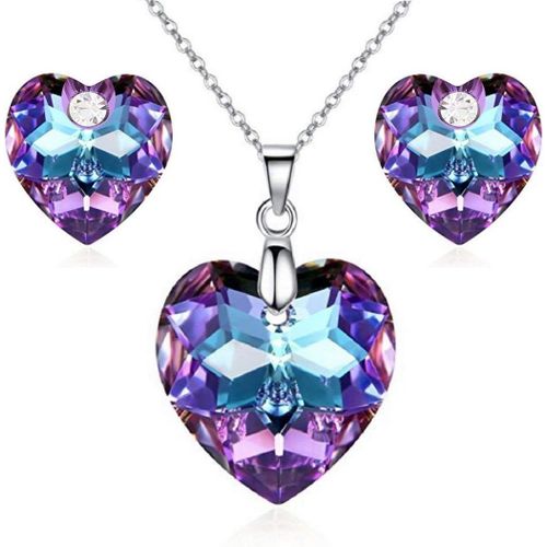 Ensemble 18ct Plaqué Or Blanc Cristaux C?ur De L'océan Collier Pendentif Et Boucles D'oreilles Parure De Bijoux Pour Femme Et Fille
