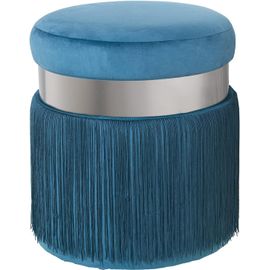 Drw Pouf Rond En Velours Avec Franges Et Bande En Métal Bleu Et Argenté 40x44cm,Franges 29cm