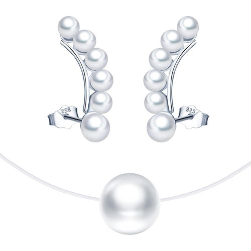 Collier Et Boucles D'oreilles De Perle Pour Femmes Et Filles,Bijoux Parures De Perle En Argent 925,Collier Pendentif De Perle Élégant,Boucles D'oreilles Grimpantes De Perle,Argent