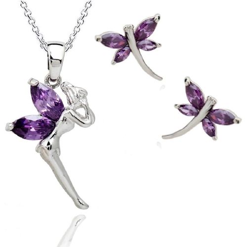 Ensembles Fée Clochette Pendentif Collier Boucles D'oreilles Avec Cristaux De Zircone 18ct Plaqué Or Blanc Parure De Bijoux Pour Femme Et Fille