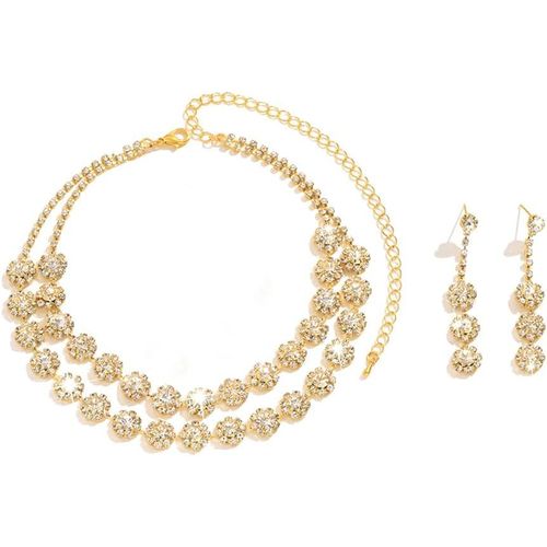 Parure 2 Pièces Collier Et Boucles D'oreilles Double Tournesol En Diamants Design Délicat Pour Mariage Et Soirée Cadeau D'anniversaire