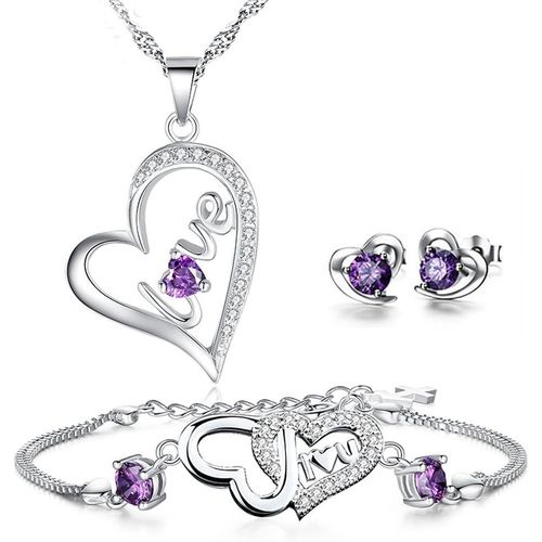 Parure En Argent Sterling 925 Cz Véritable Avec Collier Et Pendentif En Forme De C?ur+Boucles D'oreille À Tige Assorties+Bracelet Assorti Cadeau De Demoiselle D¿Honneur