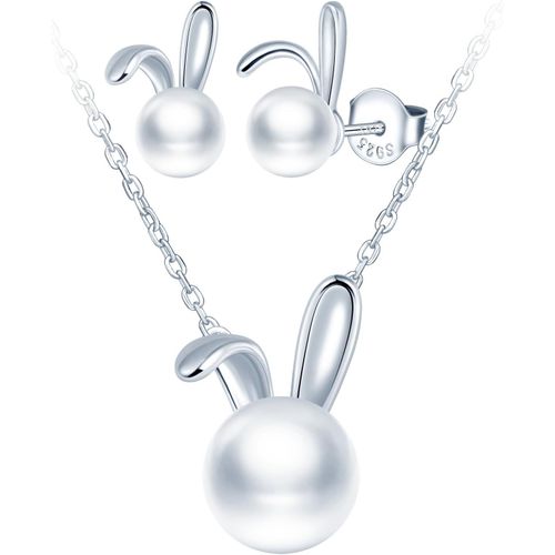 Elégants Bijoux Parures En Argent 925 Pour Femmes Fashion Colliers Pendentifs Et Boucles D'oreilles De Mignon Lapin Mode Ensemble De Bijoux De Perle Or Rose