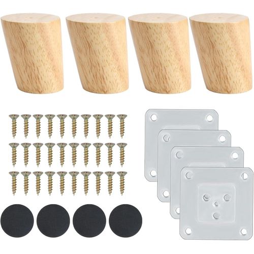 Lot De 4 Pieds De Meuble En Bois Pieds De Meuble 6cm Avec Plaque De Montage Vis Et Tapis Antidérapant Pieds De Meuble Bois Incliné Pieds De Canapé Bois Pour Lit Armoire Tables Et Chaises