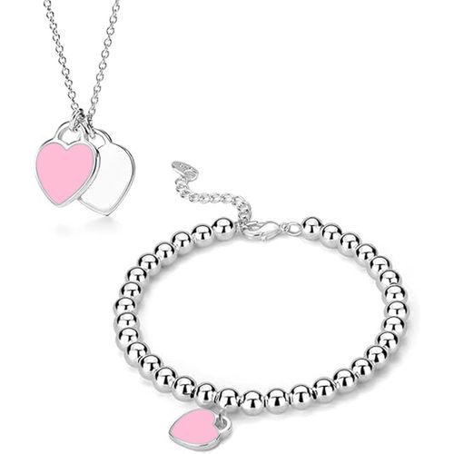 Parure De Bijoux Femme Plaqué Argent 925 Pendentif Coeur Collier Bracelet Mode Ensemble Réglable Charme Amour Bijoux De Ensemble Cadeau Pour Filles