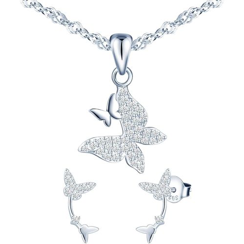 Parure Bijoux Papillons Ensemble De Boucles D'oreilles Et Collier En Argent 925 Et Zircone,Clous D'oreilles Grimpantes Papillon,Collier Pendentif Papillon Pour Femme Et Fille
