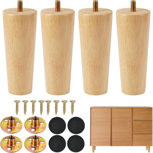 4 Pièces Pieds De Meuble En Bois,12cm Pieds De Meuble Rechange Avec Plaque De Montage Vis Et Tapis Antidérapant,Pieds De Canapé Bois Pour Canapé Lit Tiroir Fauteuil Table De Nuit Armoire