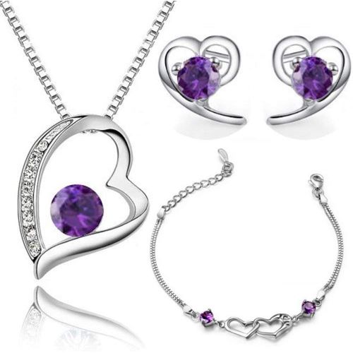 Ensemble Bijoux Coeur Cristaux De Zircone Collier Pendentif Boucles D'oreilles Bracelet 18ct Plaqué Or Blanc Parure De Bijoux Pour Femme Et Fille